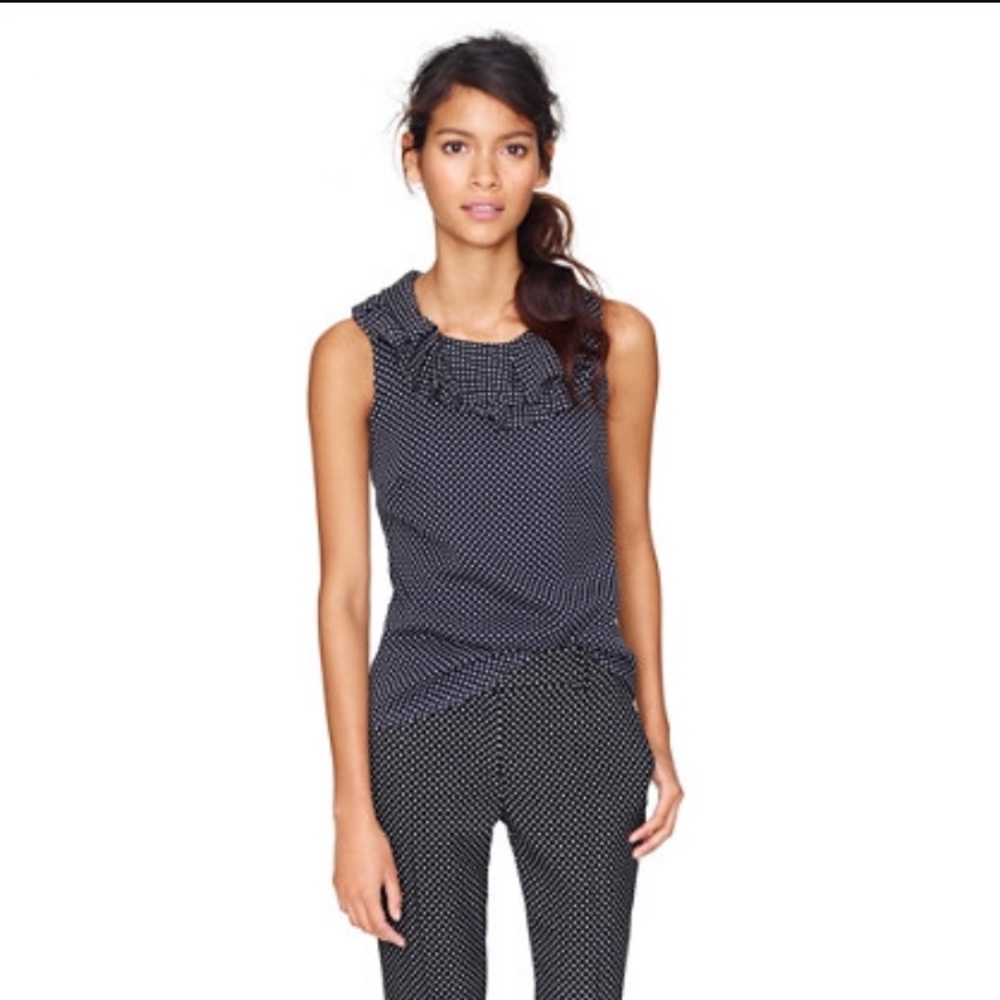 NWT size 0 J.Crew Navy Gabby Ruffle Silk Top In Polka